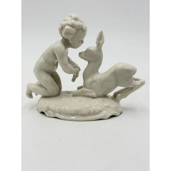 Hutschenreuther Kunstabteilung Putto w/Fawn German Porcelain Figurine Vtg 4”H